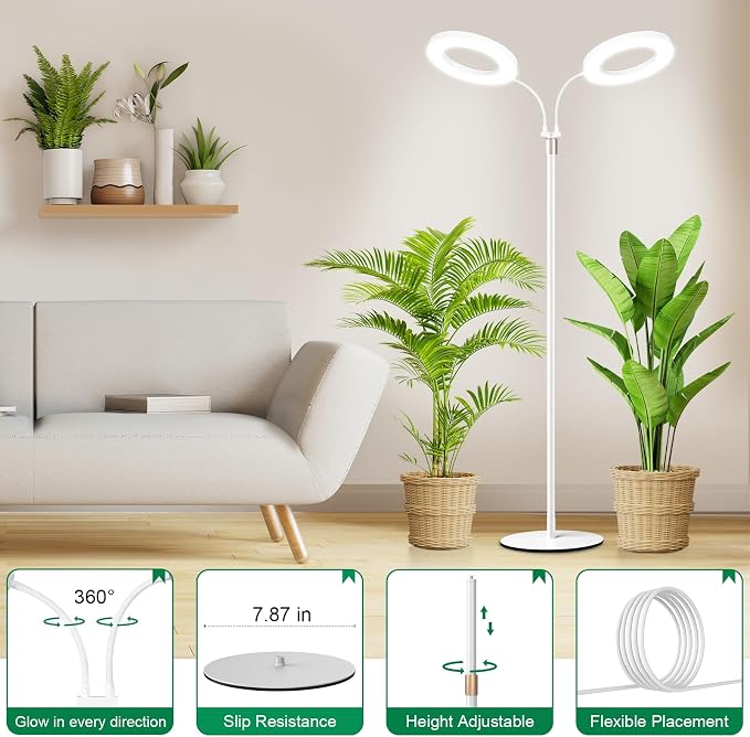 LBW Dual Head Grow Light with Stand for Indoor Plants, Full Spectrum Grow Light for Multiple Tall Plants, Adjustable Height up to 68", Auto Cycle Timer 6/8/12/16H, 5-Level Dimmable, 3 Lighting Modes