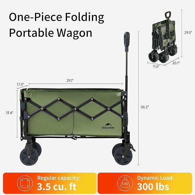 Naturehike Big Wheels Collapsible Wagon Cart, Extra Long Extender Wagon Cart, Green