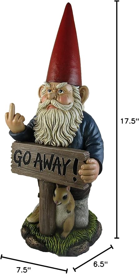 DWK Garden Gnome Statue, 17.5 Inch with Go Away Sign and One-Finger Salute | Take a Hike Un-Welcome Message, Hand-Painted Resin, Outdoor Porch or Garden Decor