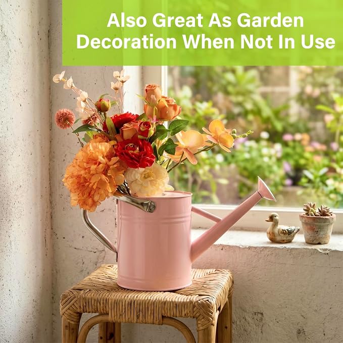 Watering Can for Outdoor&Indoor Plants,1 Gallon Metal Watering Can with with Removable Spout,Galvanized Steel Garden Flower Water Can Plant Watering Pot with 2 Handles,Pink