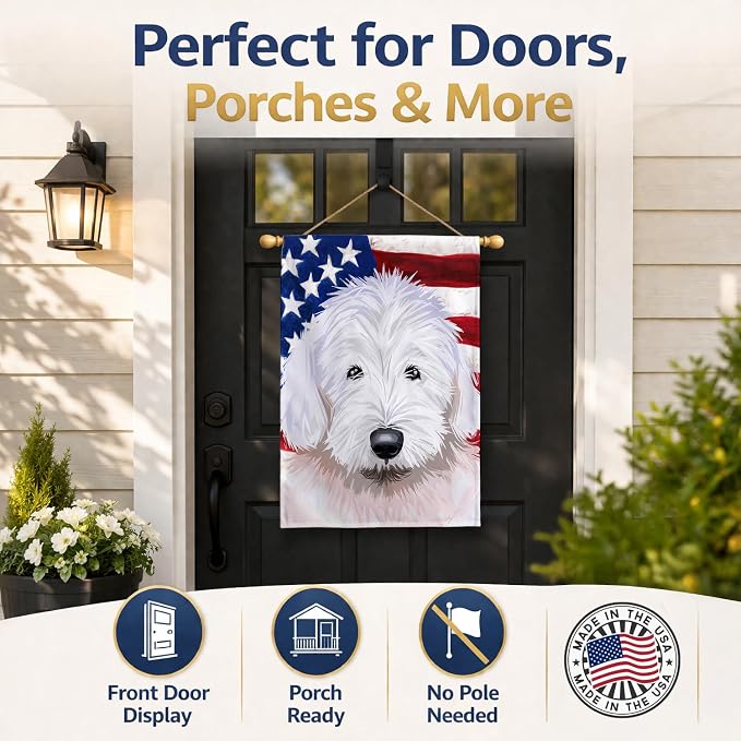 Caroline's Treasures CK6635CHF Old English Sheepdog American Flag House Flag Large Porch Sleeve Pole Decorative Outside Yard Banner Artwork Wall Hanging, Polyester, House Size, Multicolor