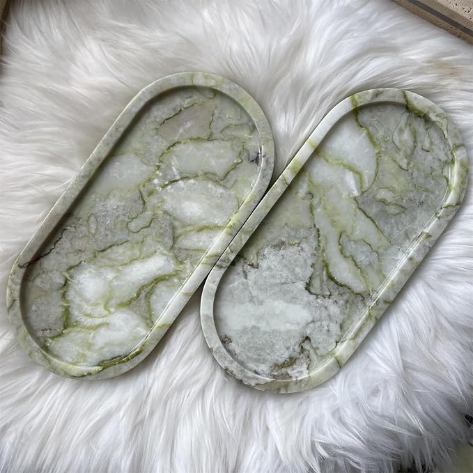Natural Marble Oval Tray Ornaments Vintage Small Tray Storage Dish for Counter, Vanity, Dresser, Nightstand and Desk (Green Emerald)