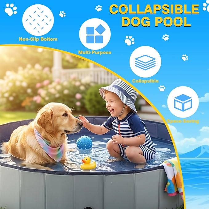Eooqi Foldable Dog Pool, Collapsible Pet Bath Tub & Kiddie Wading Pool | Portable Hard-Side Dog Swimming Pool for Puppies, Small & Medium Dogs, Cats and Kids (Gray, 32"-S)