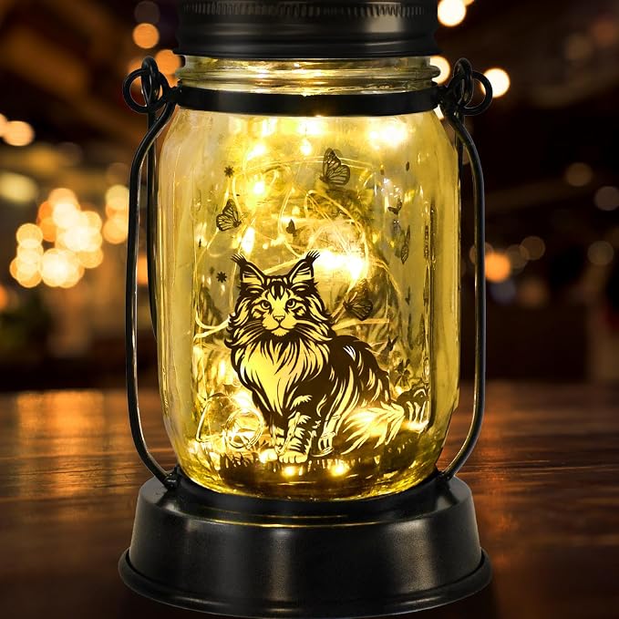 Maine Coon Cat Gifts for Women/Men Maine Coon Solar Lanterns Cat Mom Birthday Cat Lovers Lantern, Pet loss Pet Memorial Lights, Solar Garden Decoration Outside for Yard, Patio,Backyard,Porch