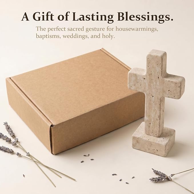 Natural Travertine Cross Decor for Home, Standing Christian Cross for Tabletop, Fireplace & Shelf, Catholic Religious Gift for Women Men, Stone Sculpture for Prayer Room