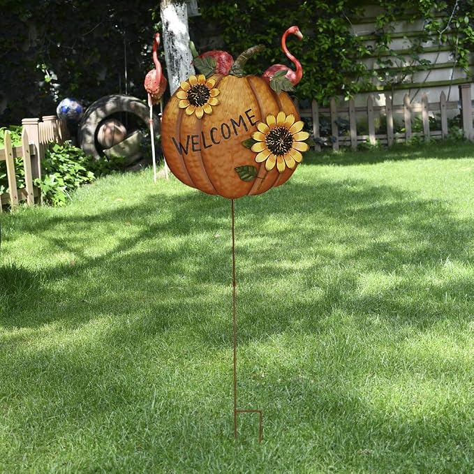 Metal Pumpkin Garden Stakes Welcome Sign Decorative Yard Sign Fall Decor | Autumn Pumpkin Decoration for Harvest Thanksgiving Halloween