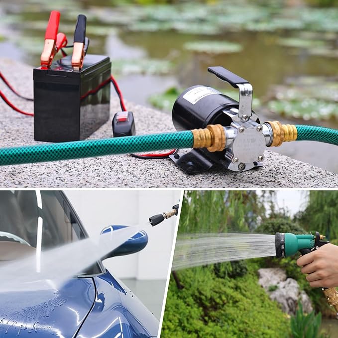 Water Transfer Pump, 12V 1/10HP Electric Utility Pump with On/Off Switch 2 * 6 ft Water Hoses Kit for Removing Water from Garden Pools Aquariums Hot Tub Draining 1/8’’ Low Suction for Rain Barrel