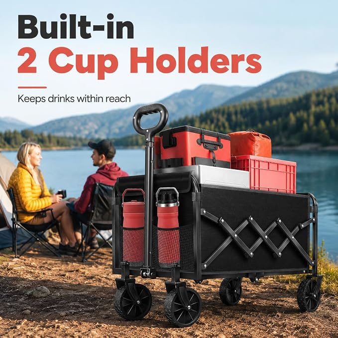 Collapsible Wagon Cart with Wheels, Compact 360 lb Folding Utility Wagon | 120L compact wagon with 360 lb support, 11 lb lightweight design, adjustable handle, 2 cup holders and all-terrain wheels