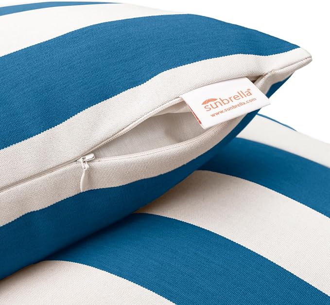 Austin Horn Classics Sunbrella Cabana Stripe White/Blue, Knife Edge, Zippered Opening, 24-inch Pillow Cover (Set of 2), No Insert Included