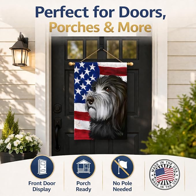Caroline's Treasures CK6480CHF Catalan Sheepdog Dog American Flag House Flag Large Porch Sleeve Pole Decorative Outside Yard Banner Artwork Wall Hanging, Polyester, House Size, Multicolor
