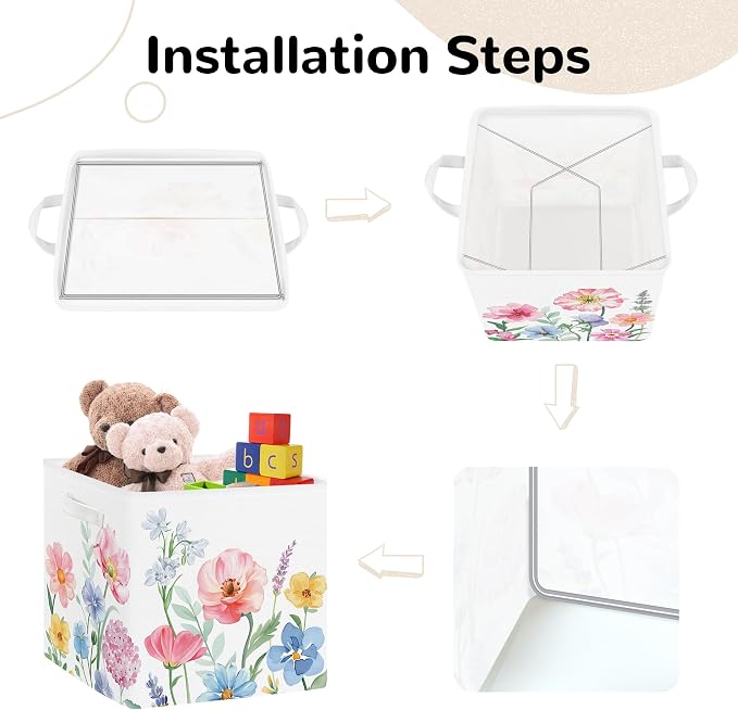 Clastyle Flowers Storage Cube Organizer Set Handle Closet Clothes Cube with Metal Frame Foldable Parents Organizer Storage Basket for Book Toy,Watercolour,11.8x11.8x11.8 in