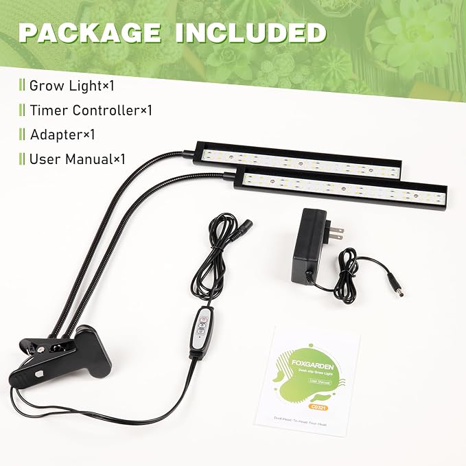 FOXGARDEN Grow Light Full Spectrum, Dual Head Plant Lights for Indoor Growing with Flexible Gooseneck, 104 LEDs Clip Grow Lamp with 4/8/12H Timer, 4 Brightness Levels, Ideal for Indoor Growth
