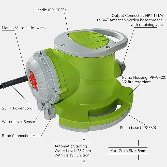 1/4 HP Automatic Swimming Pool Cover Pump, Submersible Sump Pump | 1800 GPH 25FT Head Submersible Sump Pump with 3/4” Check Valve Adapter, Automatic On/Off Water Removal for Pool, Basement