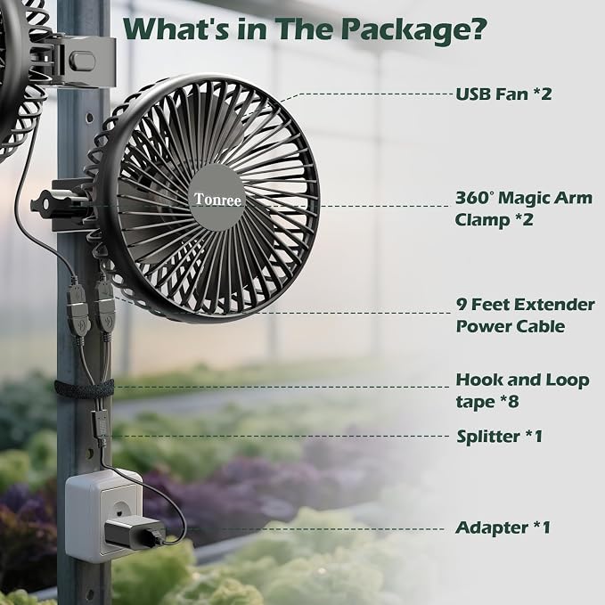 Grow Tent Fan 2 Pack, 5.5" Greenhouse Clip Fan with Brushless Motor and Non-slip Clamp, Strong Airflow and Low Noise, 360° Tilt, Easy Mount for Plant Hydroponics Circulation Cooling Ventilation