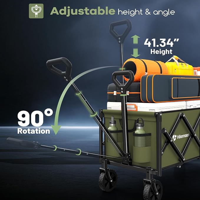 Hikemoon 34'' Extra Long Collapsible Wagons Carts Foldable, 360LBS Heavy Duty Folding Beach Wagon with Wheels, Portable Utility Outdoor Cart for Grocery, Garden, Sports, Camping, Green