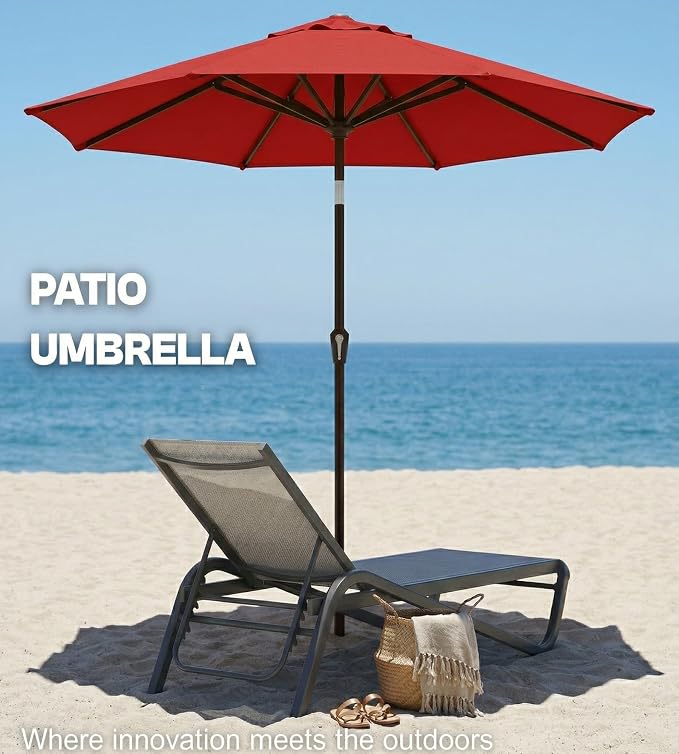 PatioKingdom Auto-Tilt 9FT Patio Umbrella Outdoor with 8 Sturdy Fiberglass Ribs,Market Table Umbrella for Pool,Backyard,Deck and Garden