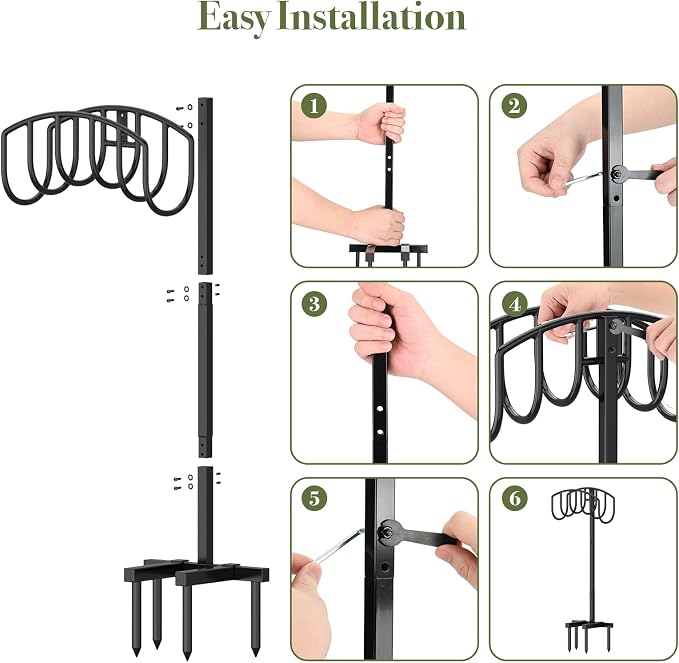 Winpull Garden Hose Holder Detachable Heavy Duty Metal Water Hose Hanger, Freestanding Hose Storage Stand Rack for Outside (Black)