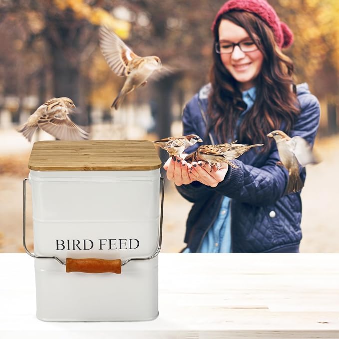Morezi Bird Treat and Food Storage tin with Wooden lid and Scoop Included - White Powder - Carbon Steel - Birds Food bin - pet Food Container Storage Canister