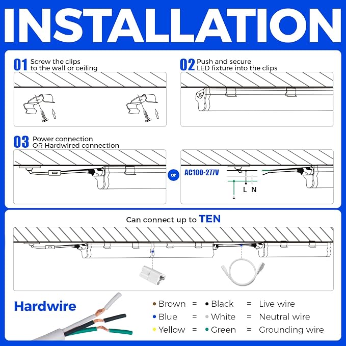 Barrina (Pack of 6 LED T5 Shop Light 3FT, 6500K Super Bright White, Utility Shop Lights, Commercial Bay Light, ETL Listed, Corded Electric with Built-in ON/Off Switch