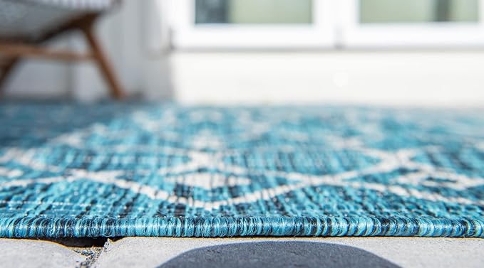Unique Loom Outdoor Trellis Collection Area Rug - Tribal Trellis (10' x 14' 1" Rectangle, Teal/ Ivory)