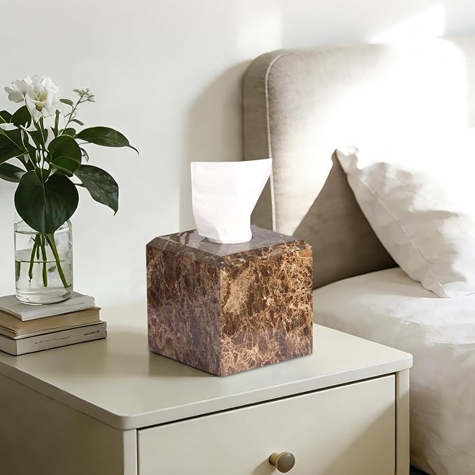 Natural Marble Square Tissue Box Cover,Stone Modern Decorative Sturdy Napkin Box Holder Case,Facial Paper Organizer for Bathroom Vanity Toilet Countertop,Kitchen (1, Dark Brown, 5.71 * 5.71 * 5.51)
