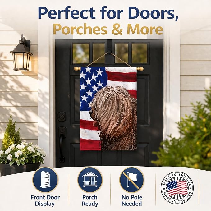 Caroline's Treasures CK6719CHF Spanish Water Dog American Flag House Flag Large Porch Sleeve Pole Decorative Outside Yard Banner Artwork Wall Hanging, Polyester, House Size, Multicolor