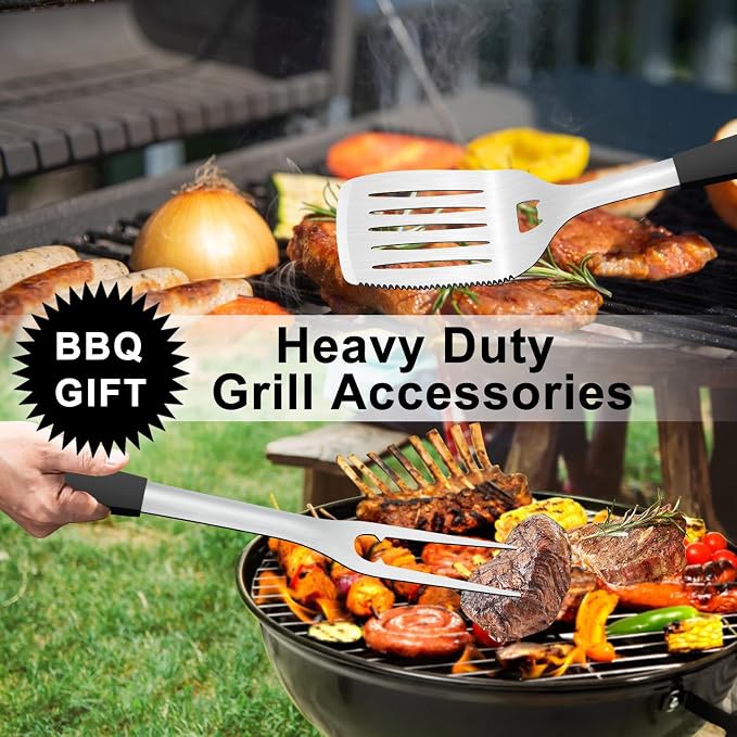 15.8" Heavy Duty Grill Set - Stainless Steel BBQ Tools with Spatula & Fork, Professional Grilling Gifts for Men, Outdoor Barbecue Tool Set