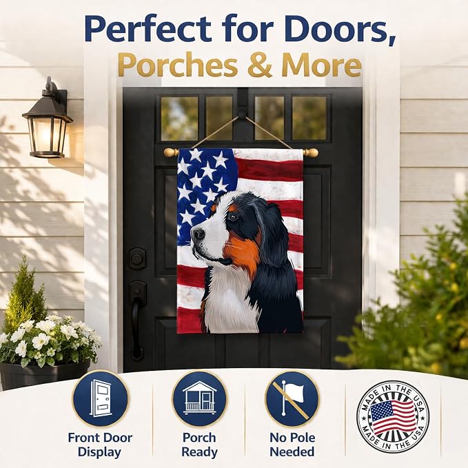 Caroline's Treasures CK6433CHF Bernese Mountain Dog American Flag House Flag Large Porch Sleeve Pole Decorative Outside Yard Banner Artwork Wall Hanging, Polyester, House Size, Multicolor