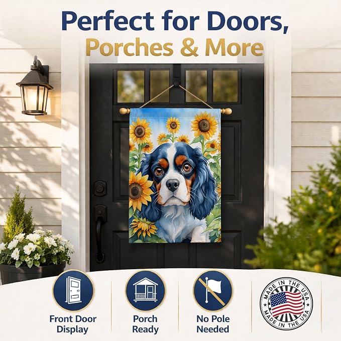Caroline's Treasures DAC6049CHF Cavalier Spaniel in Sunflowers House Flag Large Porch Sleeve Pole Decorative Outside Yard Banner Artwork Wall Hanging, Polyester, House Size, Multicolor