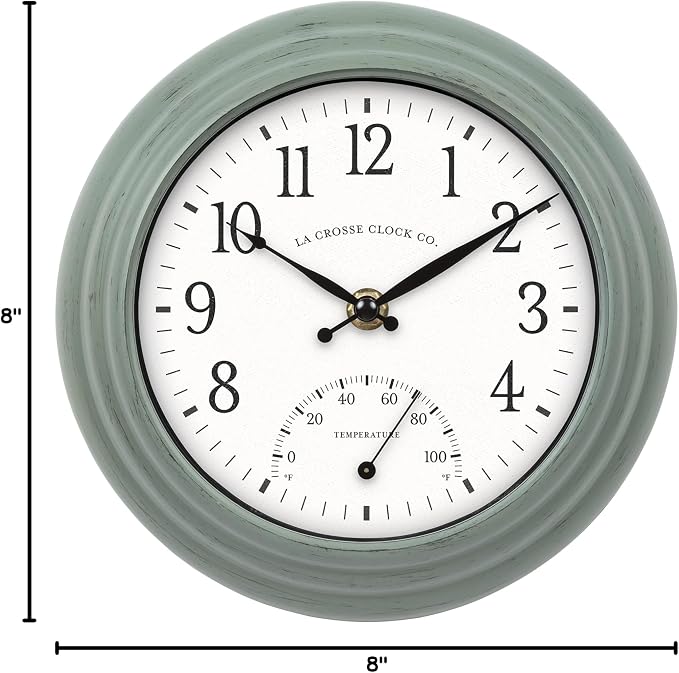 La Crosse Clock 433-3020 8-inch Indoor/Outdoor Sage Green Quartz Wall Clock with Temperature