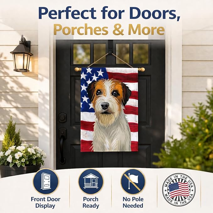 Caroline's Treasures CK6678CHF Russell Terrier Dog American Flag House Flag Large Porch Sleeve Pole Decorative Outside Yard Banner Artwork Wall Hanging, Polyester, House Size, Multicolor