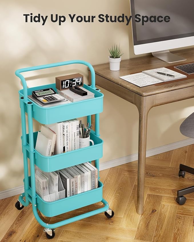 Pipishell 3 Tier Rolling Cart, Metal Utility Cart with Wheels and Handle, Rolling Storage Cart for Nursery Room, Living Room, Painting Room, Office and Kitchen, Turquoise