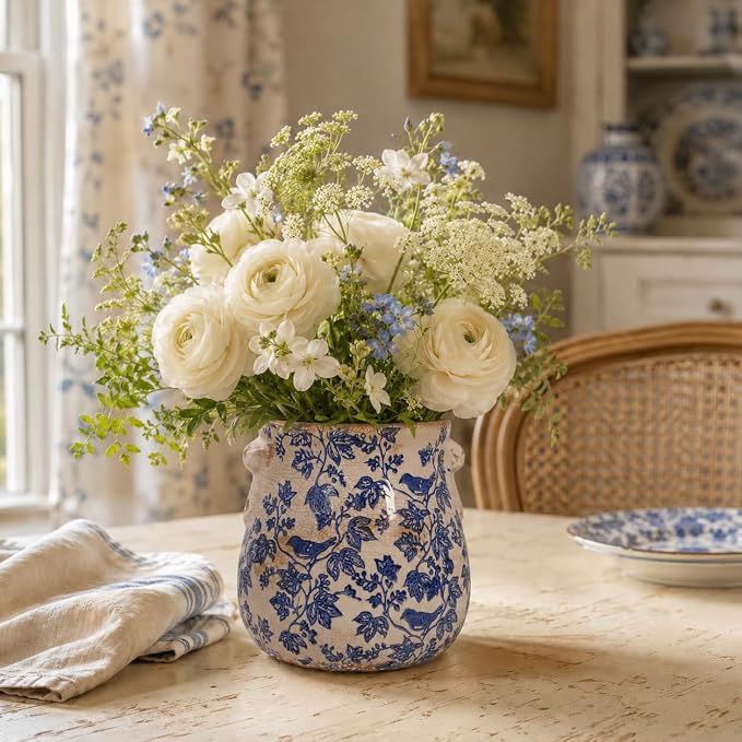 English Country Ceramic Multifunctional Planter, 6.7 Inch Vintage Flower Pot with Drainage Hole, Rustic Chinoiserie Vase & Utensil Holder, Farmhouse Kitchen Garden Decor, Housewarming Gift (Blue Bird)