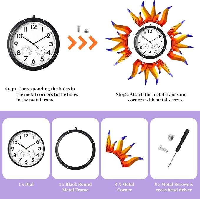 Large Sun Outdoor Clock with Thermometer & Hygrometer Combo, Silent No-Ticking Indoor Outdoor Wall Clock, Waterproof Quartz Clock for Patio,Kitchen, Living Room,Bathroom,Garden,25 Inch Violet