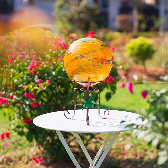 10 Inch Glass Gazing Ball with 9.4" H Metal Stand | Glass Gazing Globe Display Holder Set for Outdoor Garden Lawn Yard Decoration, Sunset Sky