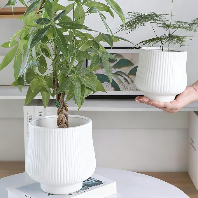 OXART Ceramic Plant Pot, 9/7/5.3 inch Large Plant Pot with Drainage, 3 Piece Planters for Indoor Plants, Modern Decor Home Office Garden Flower Pots for Indoor Outdoor Plants, White