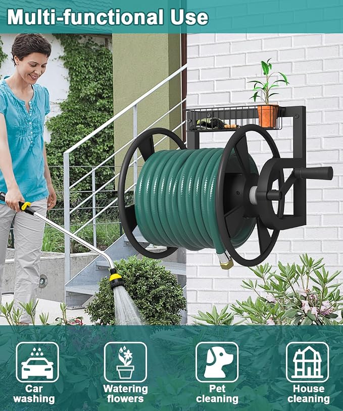 Artigarden Garden Wall Mounted Hose Reel, Outdoor Heavy-Duty Water Hose Holder Winder, Holds 125 Feet of 5/8-Inch Hose, with 3.9 ft Leader Hose, Water Fitting and Storage Basket for Yard, Black