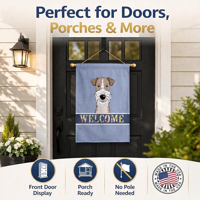 Caroline's Treasures BB1433CHF Wire Haired Fox Terrier Welcome House Flag, Blue Large Porch Sleeve Pole Decorative Outside Yard Banner Artwork Wall Hanging, Polyester, House Size, Multicolor