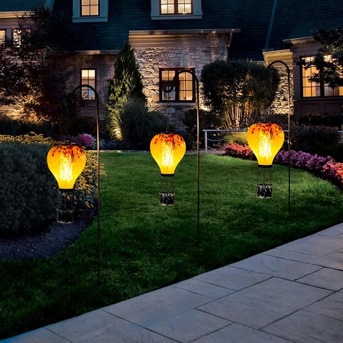 Starsoul Hot Air Balloon Solar Lantern Tie-Dye Style Glass Outdoor Solar Hot Air Balloon Lantern with Flame Light Waterproof Hanging for Garden Yard Patio Decor