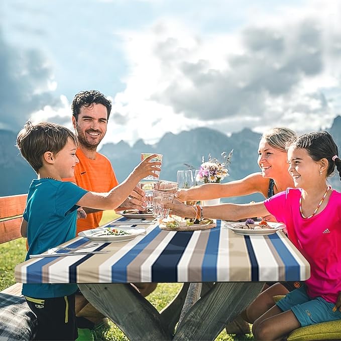 Picnic Table Cover with Bench Covers Elastic Edges, Brown Tripes Camper Fitted Table Cover, Outdoor Patio Camping Essentials 72 Inch 3PCS, Waterproof Camping Fitted Tablecloth with Drawstring Bag