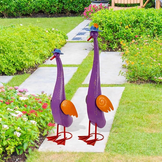 22" Duck Garden Statue Set of 2 Metal Ducks | Outdoor Yard Art Porch Animal Figurine Lawn Ornament Rustproof Yard Sculptures for Outside Patio Backyard Decorations