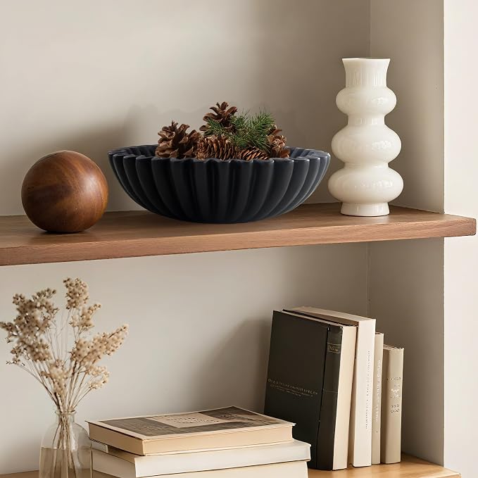 10'' Large Ruffle Decorative Fruit Bowl for Entryway Coffee Table Scalloped Purse Key Holder Kitchen Countertop Console Modern Organic Home Decor,Black
