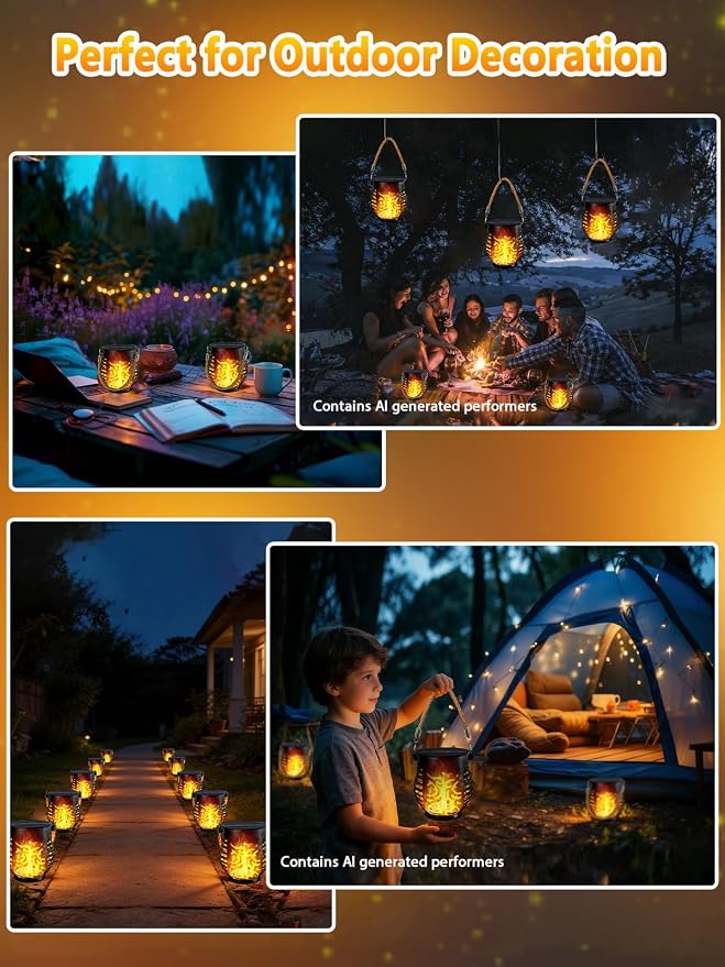 6 Pack Solar Lights Outdoor Waterproof Hanging Solar Lanterns Flame Lights | Realistic Flickering Flame, IP65 Waterproof, Auto On/Off Solar Powered, Hemp Rope Handle, Outdoor Indoor Yard Tabletop Decor