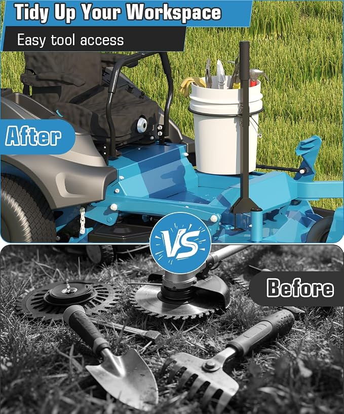 Koutemie Zero Turn Mower Handle, 5 Gallon Bucket Holder Mount with Clamp for Lawn Mower Bar, Zero Turn Bucket Holder Handle Kit Accessories for Outdoor Garden Yard Trash Cleaning Grabber Tool, Black