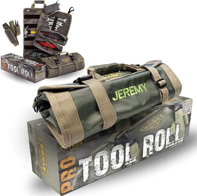 Ryker Personalized Roll Up Tool Bag Organizer Customized Name Gifts for Men | Heavy Duty Fathers day Dad Gifts for him. Small Tool Roll Bag Gifts for Mechanic Electrician Plumber & HVAC Technician Gift