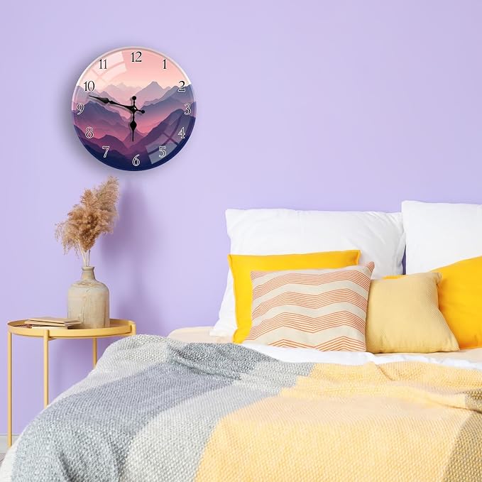 Britimes Round Wall Clock Silent Non-Ticking Battery Operated Outdoor Waterproof Glass Clock 12 Inch, Mountain Home Decor for Living Room, Kitchen, Bathroom, Bedroom, and Office