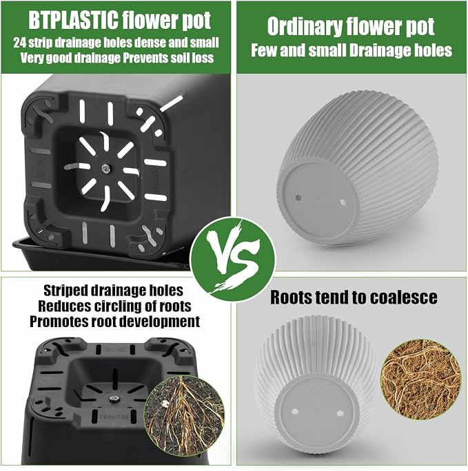 BTPLASTIK 10 Inch Square Planters with Saucers 5 Pack, Heavy Duty Black Plant Pots, Air Pruning & Super Ventilation, Anti-Crack Garden Pots for Indoor Outdoor Orchids Vegetables Trees