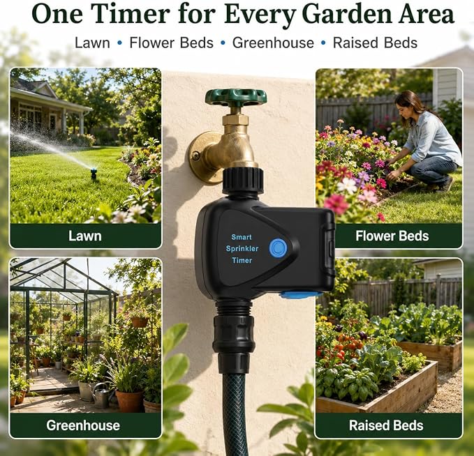 WiFi Water Timer with Built-in Flow Meter, Smart Garden Hose Controller, No Hub Required, 2.4GHz App Remote Control, Timed & Volume Watering, Rain Delay, IP65 Waterproof for Lawn Garden Greenhouse