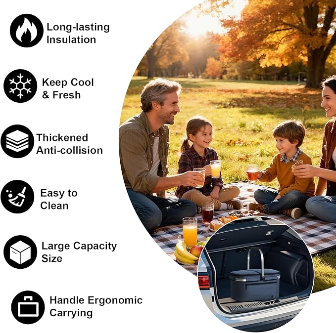 ALLCAMP Picnic Basket - 2 Ice Box Included 32L Insulated Cooler, Thickening Foldable Picnic Basket with Removable Baskets & Sewn-in Frame, Basket for House Warming Gifts New Home(Blue)