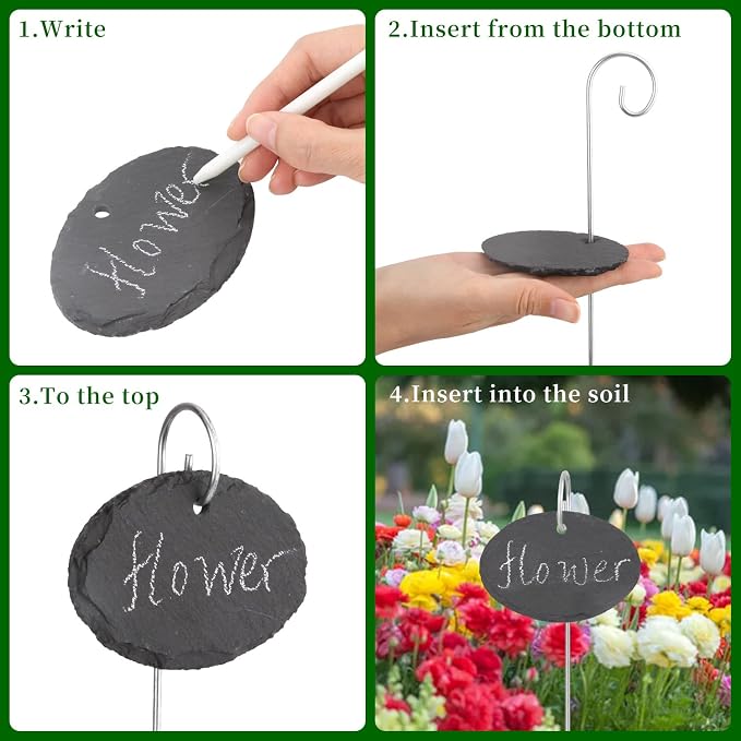 15 Pcs Slate Plant Labels with Chalk Pencils Outdoor Garden Marker Label Signs with Stakes for Plants, Vegetables, Herb, Flowers (Oval)
